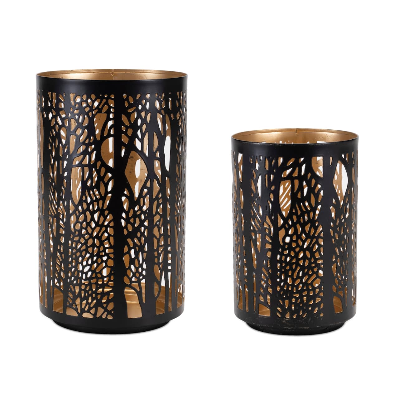Black & Gold Forest Trees Punched Metal Candle Holder Set